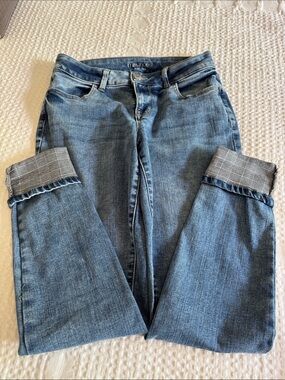 Maurices Light Blue Cropped Straight Jeans with Cuffed Plaid Detail